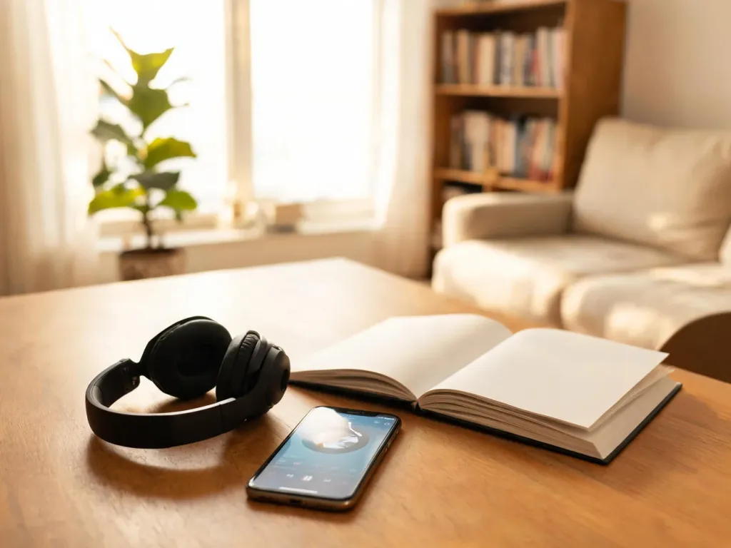 Słuchawki i smartfon z odtwarzaczem obok otwartej książki na biurku, domowa atmosfera słuchania darmowych audiobooków.