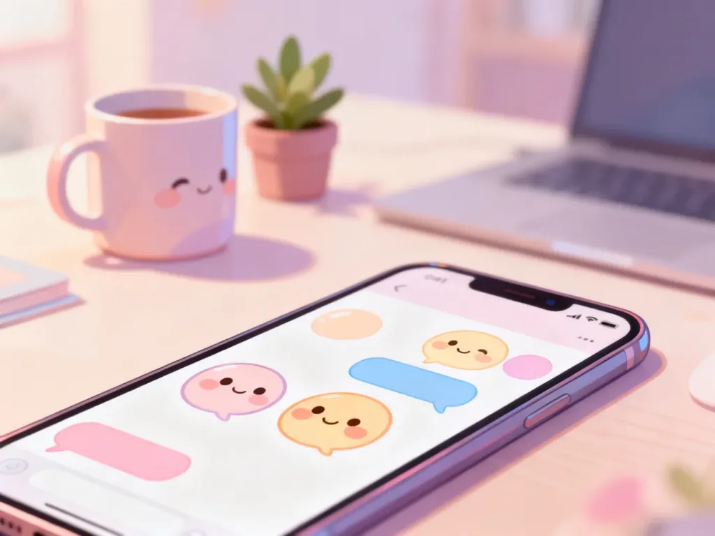 Urocza pastelowa ilustracja czatu na smartfonie z kawaii emotkami, tworząca ciepły, przyjazny nastrój rozmowy „uwu”.