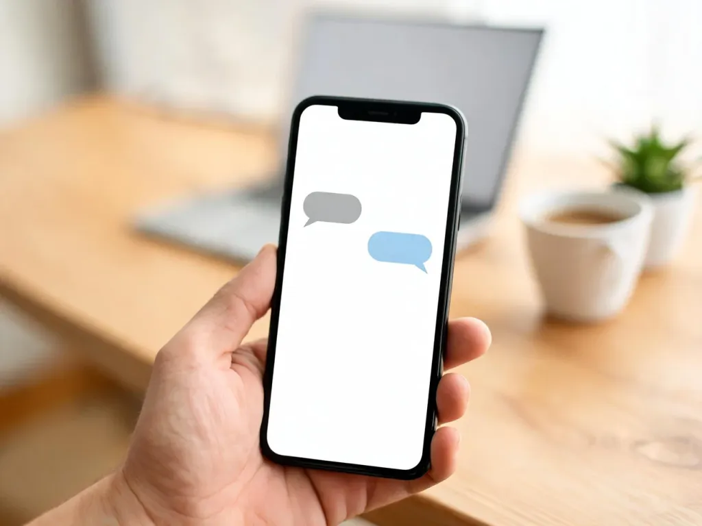 Smartfon z otwartym czatem w dłoni na biurku, symbolizujący rozmowy online i znaczenie skrótu „rel”