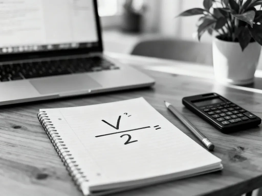 Minimalistyczne biurko z notatnikiem matematycznym, ułamkiem i potęgą, tworzące spokojną, edukacyjną atmosferę nauki inwersji.