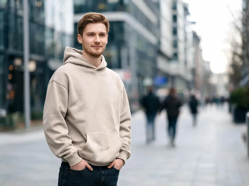 Pewny siebie młody mężczyzna w miejskim otoczeniu, spokojna poza i wyraz twarzy podkreślają cechy „sigma male”.