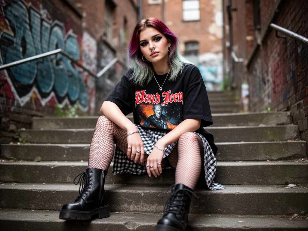 Młoda alternatywka na miejskich schodach, w band T-shircie, kratowanej spódnicy, kabaretkach i ciężkich butach.