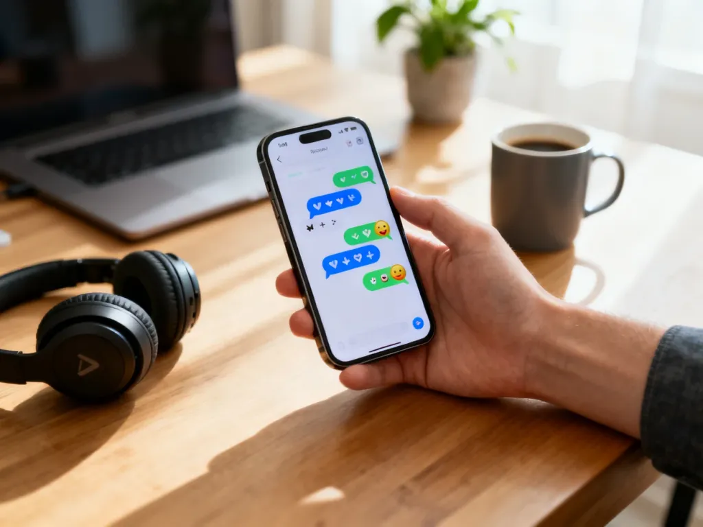 Smartfon z otwartym komunikatorem pokazujący krótkie wiadomości z emoji na biurku w przytulnym domowym biurze.
