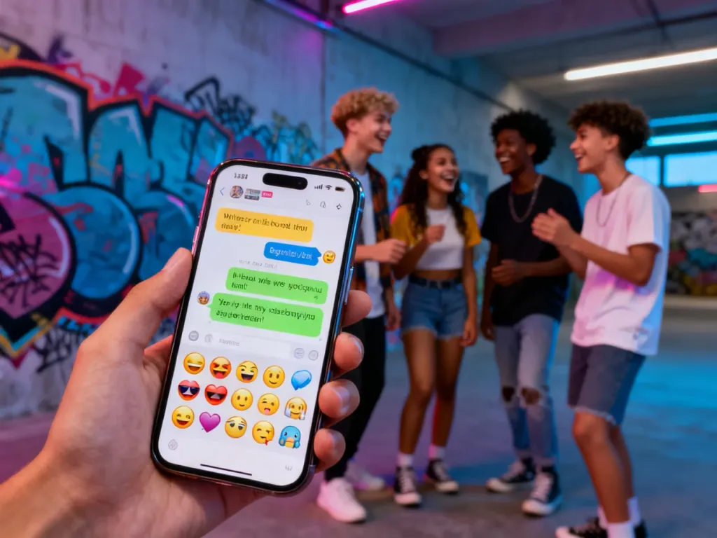 Nastolatek z telefonem pokazującym kolorowy czat pełen emoji i slangu, w tle grupa śmiejących się młodych osób na ulicy.