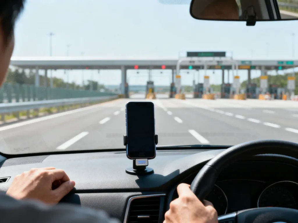Samochód z zamontowanym urządzeniem do automatycznego poboru opłat, jadący autostradą w stronę bramek收费