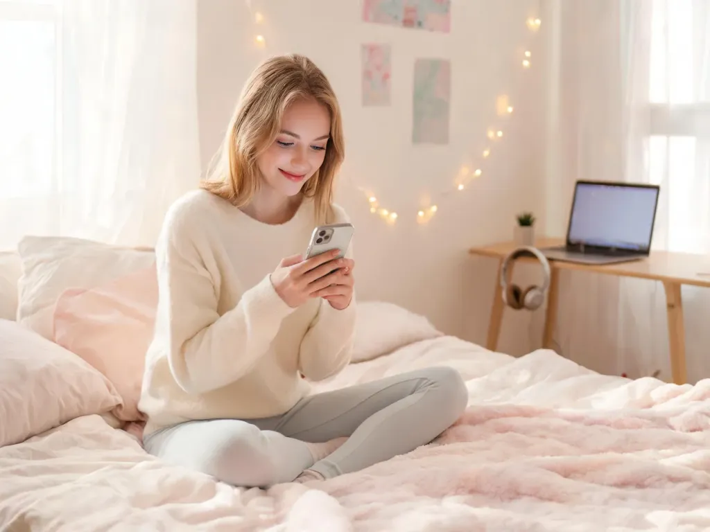 Młoda kobieta na łóżku z telefonem w ręku, zamyślona i rozbawiona, ilustruje delulu jako beztroskie fantazjowanie online.