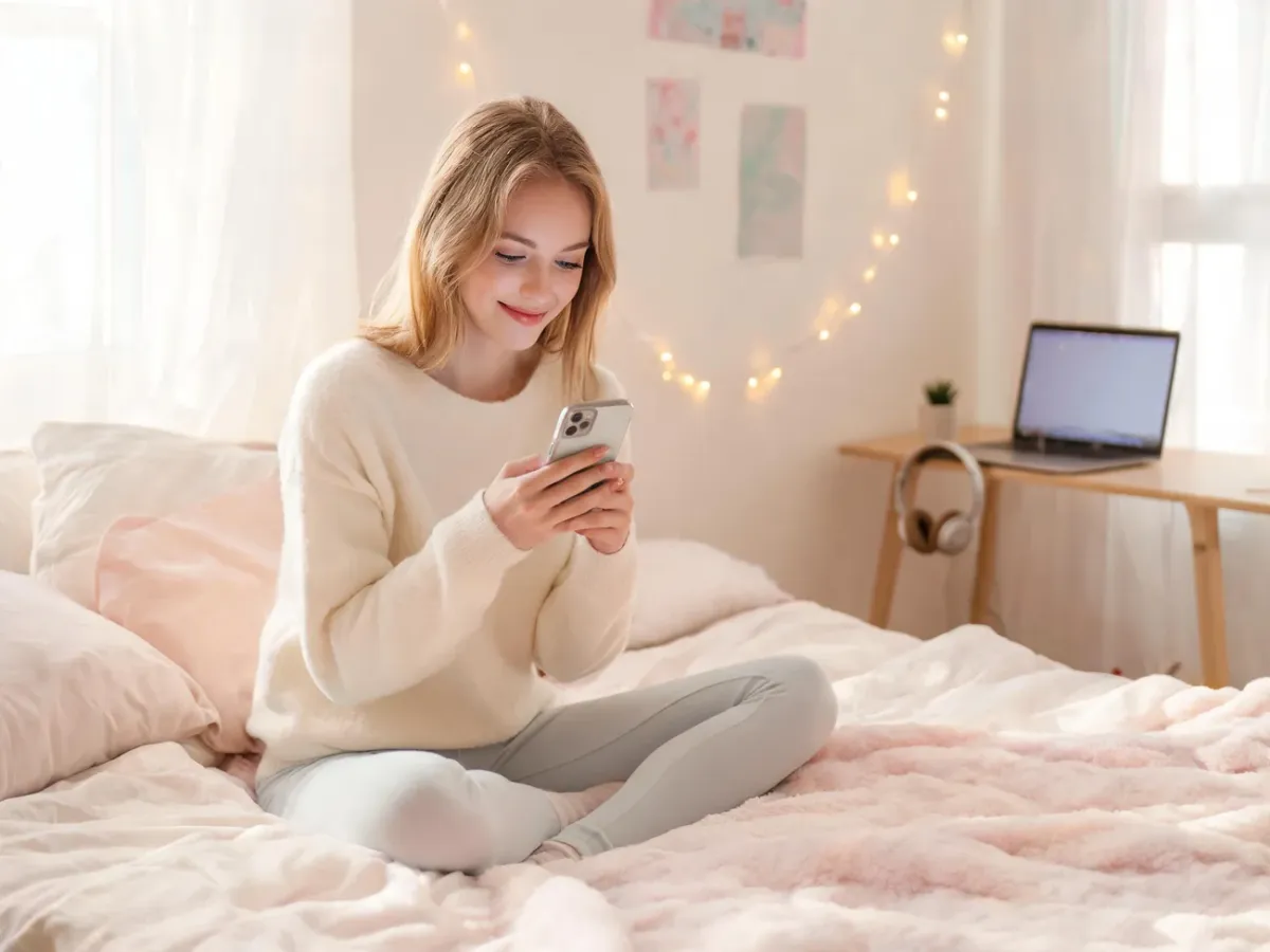 Młoda kobieta na łóżku z telefonem w ręku, zamyślona i rozbawiona, ilustruje delulu jako beztroskie fantazjowanie online.