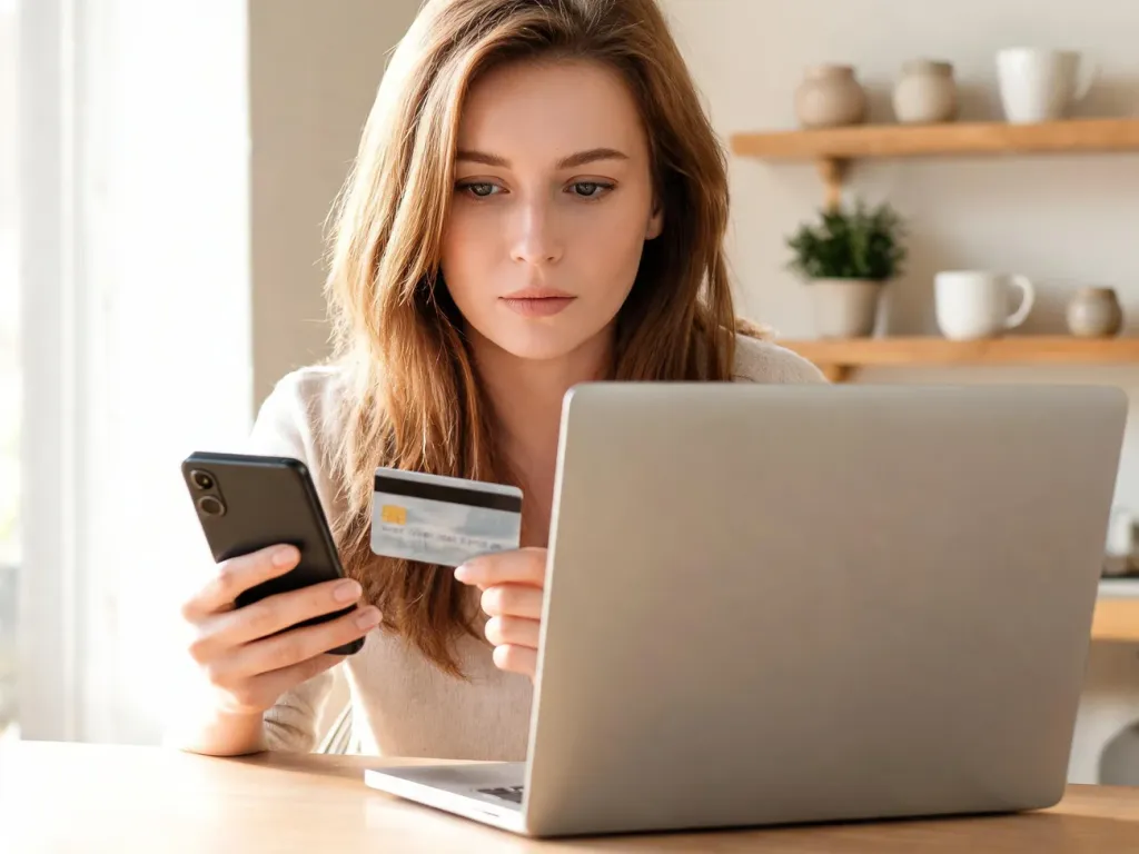 Kobieta przy biurku płaci online, trzymając telefon i kartę, skupiona na ekranie laptopa w przytulnym, jasnym wnętrzu.