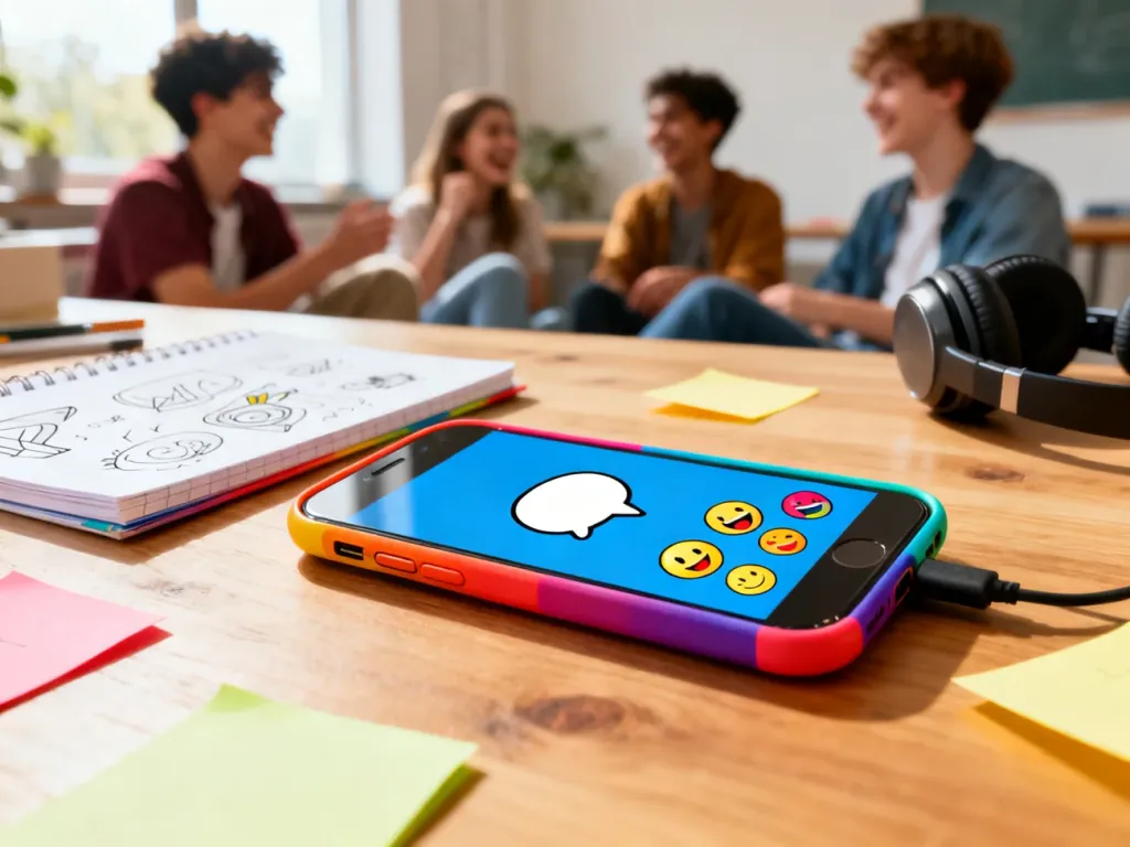 Kolorowy smartfon z ikoną czatu i emotkami na biurku, w tle rozmawiająca młodzież, symbol języka młodych.