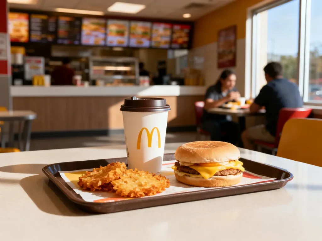 Śniadanie w McDonald’s na tacy przy oknie w jasnym lokalu, kawa i kanapka śniadaniowa w porannym, przytulnym klimacie.