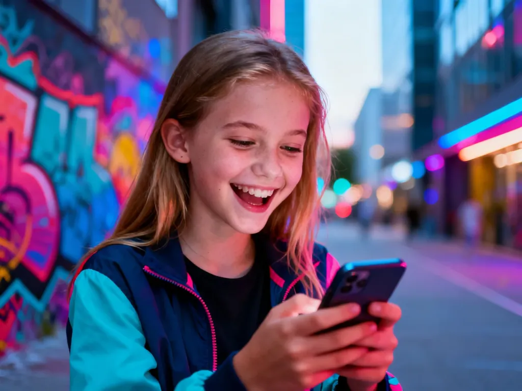 Nastolatka przeglądająca smartfon na tle miejskiego graffiti, co podkreśla nowoczesny i młodzieżowy charakter kultury.