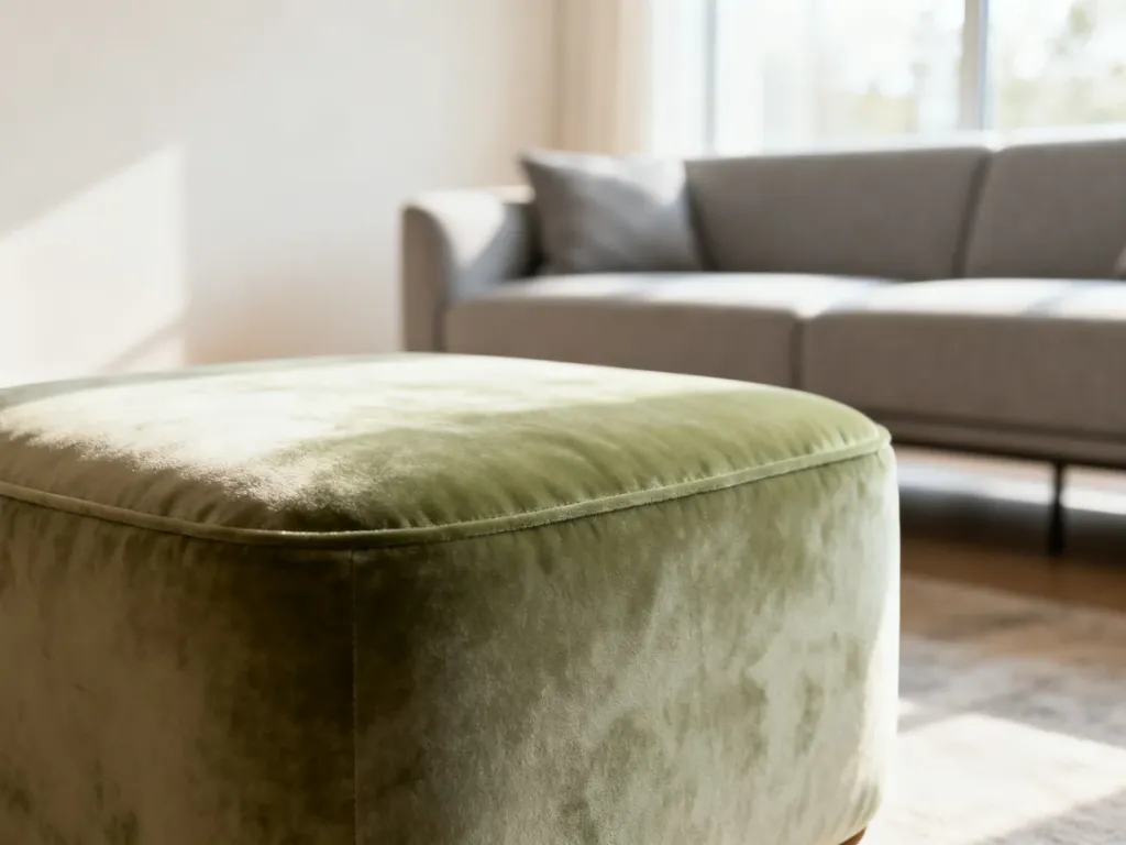 Przytulny salon z miękkim, welurowym pufem w odcieniach beżu i szałwii, stanowiącym elegancki element wyposażenia wnętrza.