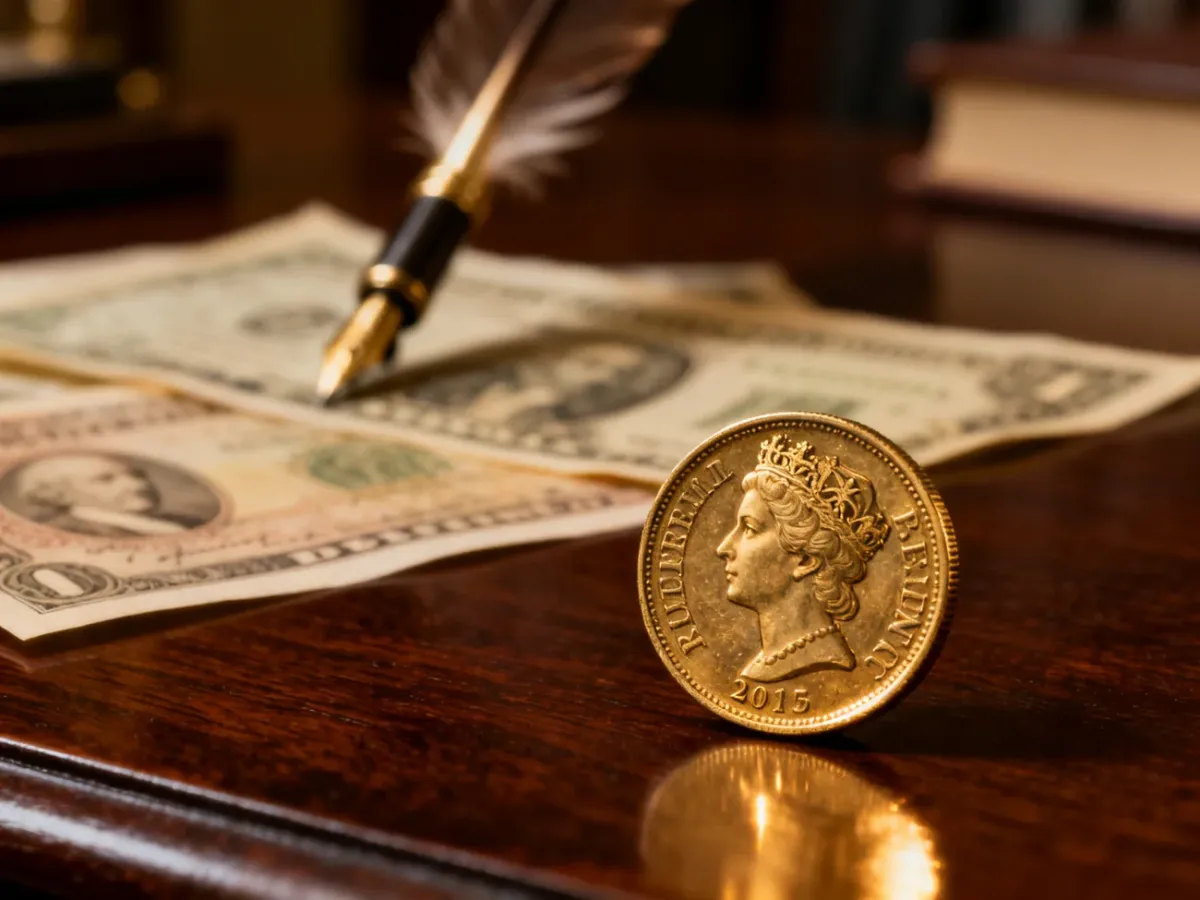 Zabytkowa moneta funta szterlinga na drewnianym biurku w otoczeniu dawnych banknotów i pióra, podkreślająca historyczny charakter waluty.