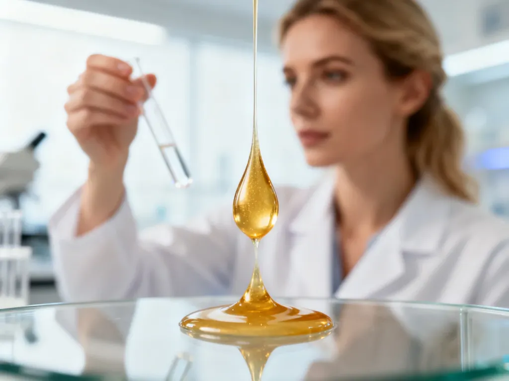 Złota kropla siary na szklanej powierzchni w profesjonalnym laboratorium, symbolizująca czystość i właściwości odżywcze.