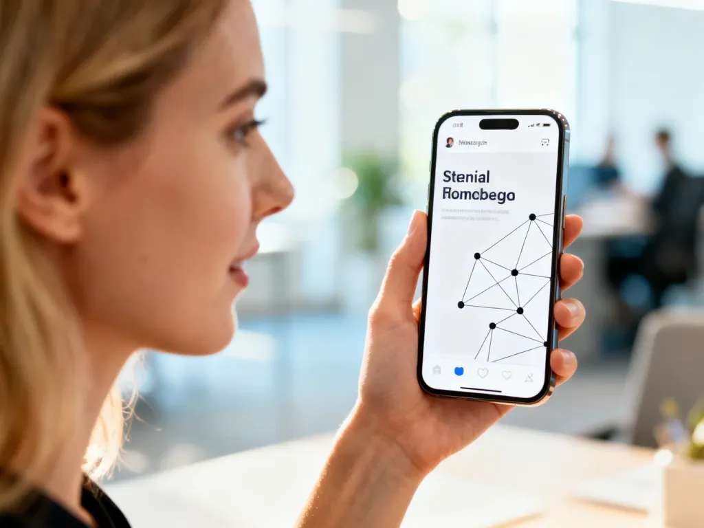 Kobieta trzymająca smartfon z minimalistycznym interfejsem aplikacji społecznościowej w jasnym biurze.