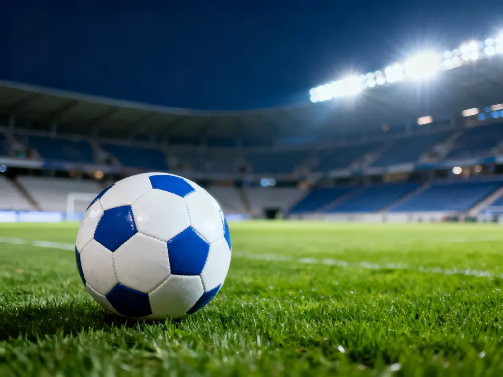 Piłka do gry na murawie nowoczesnego stadionu piłkarskiego w świetle jupiterów.