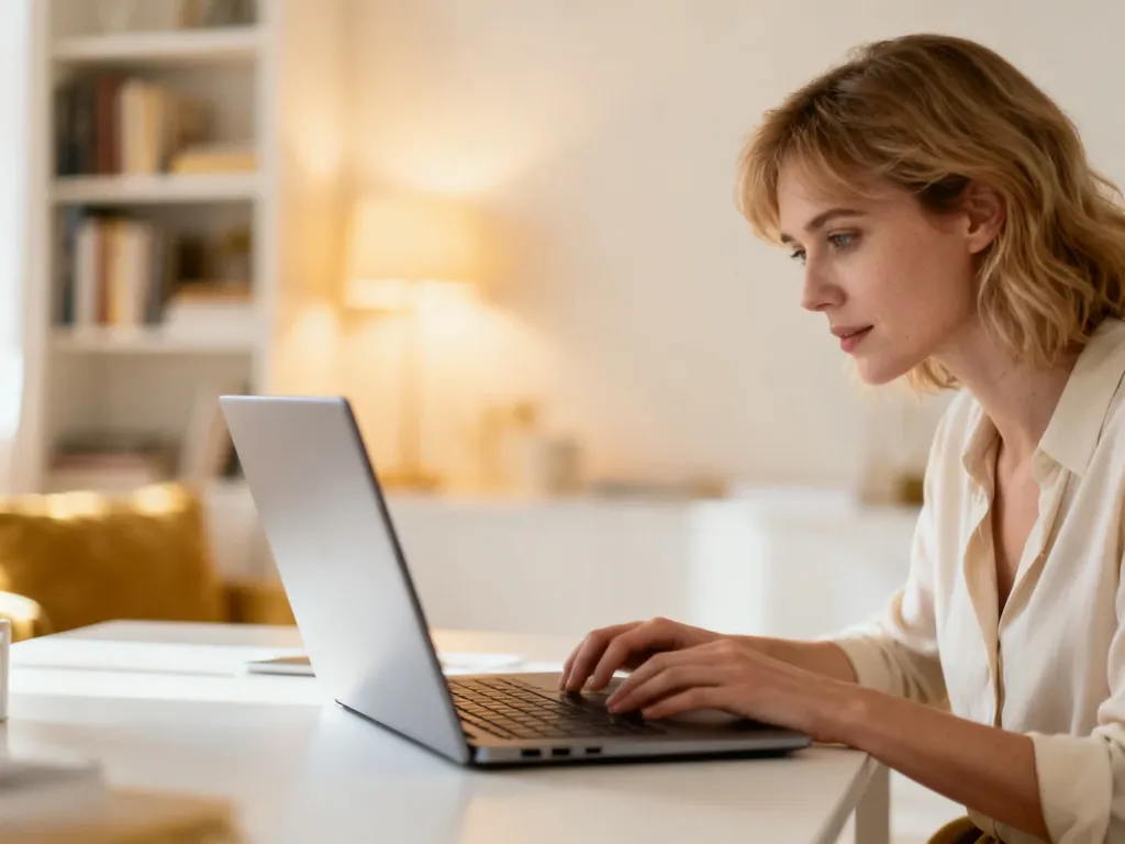 Kobieta pracująca przy laptopie w przytulnym domowym biurze, ilustrująca pracę twórcy treści online.