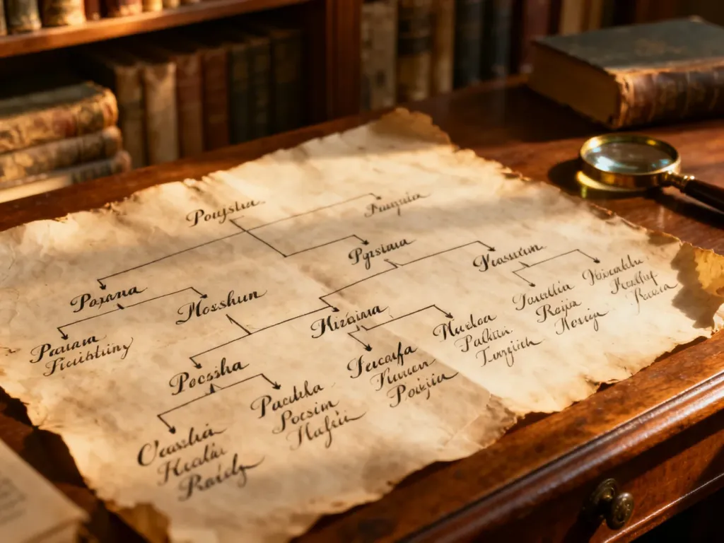 Starodawne drzewo genealogiczne z odręcznie wypisanymi nazwiskami na tle biblioteki, symbolizujące badania nad pochodzeniem.