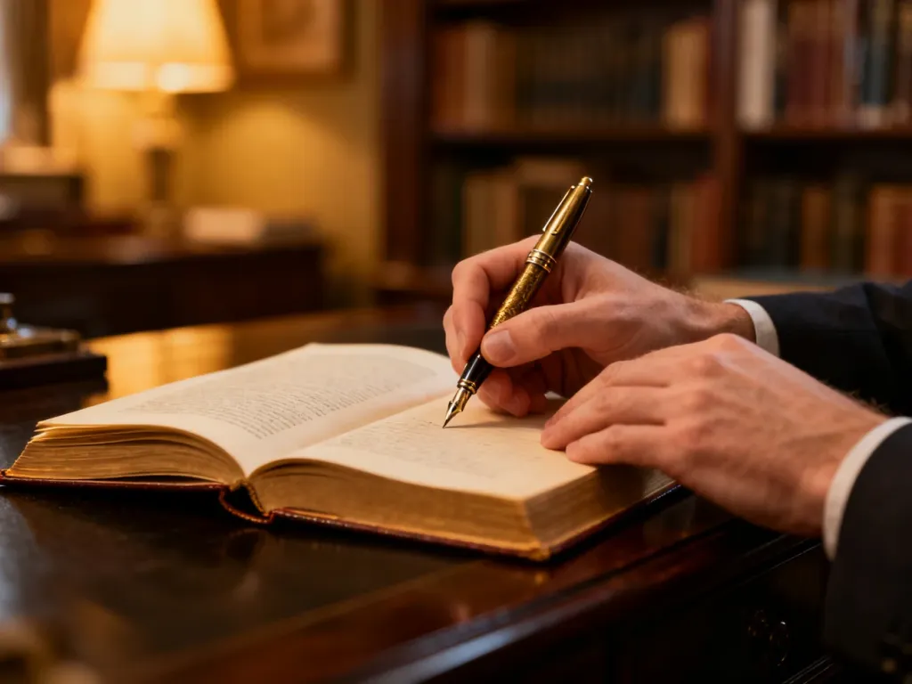 Osoba trzymająca pióro nad otwartą książką w przytulnej domowej bibliotece, gotowa do pisania opisu literackiego.