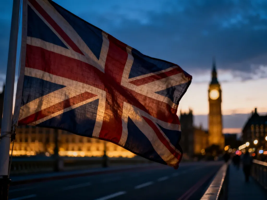 Wielka Brytania: flaga Union Jack powiewająca na wietrze na tle wieczornej panoramy Londynu z zarysem Big Bena.