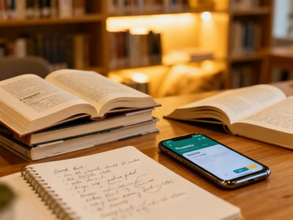 Stos książek językowych, notatnik i smartfon z aplikacją do tłumaczeń na drewnianym biurku w przytulnej bibliotece.